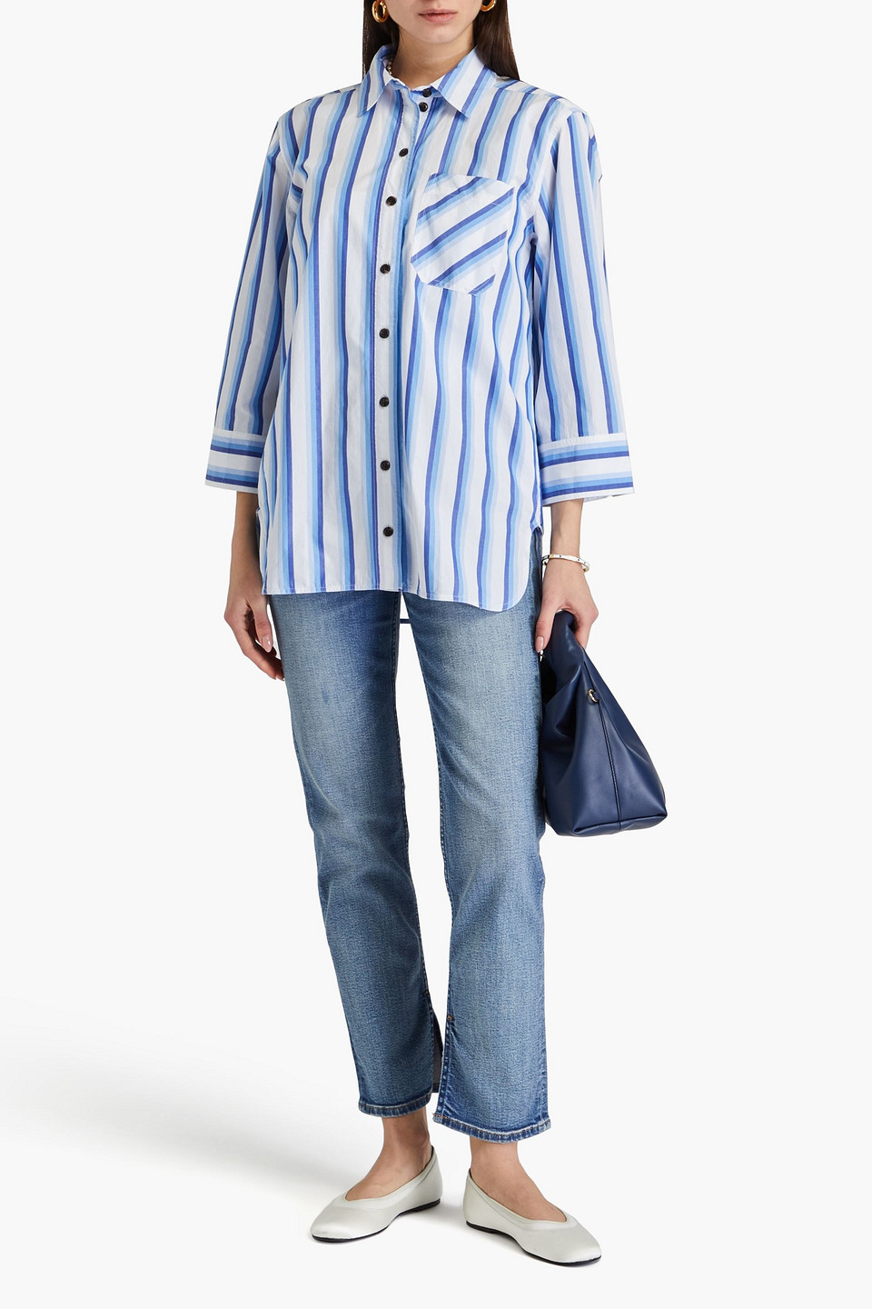 Shop Ganni Striped Cotton-poplin Shirt In Light Blue