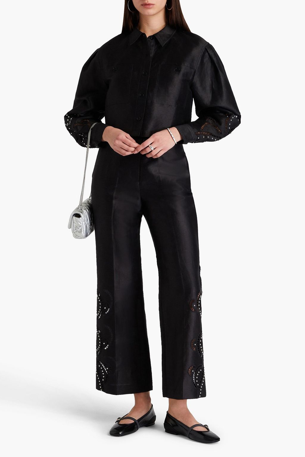 MAJE Studded linen-blend flared pants