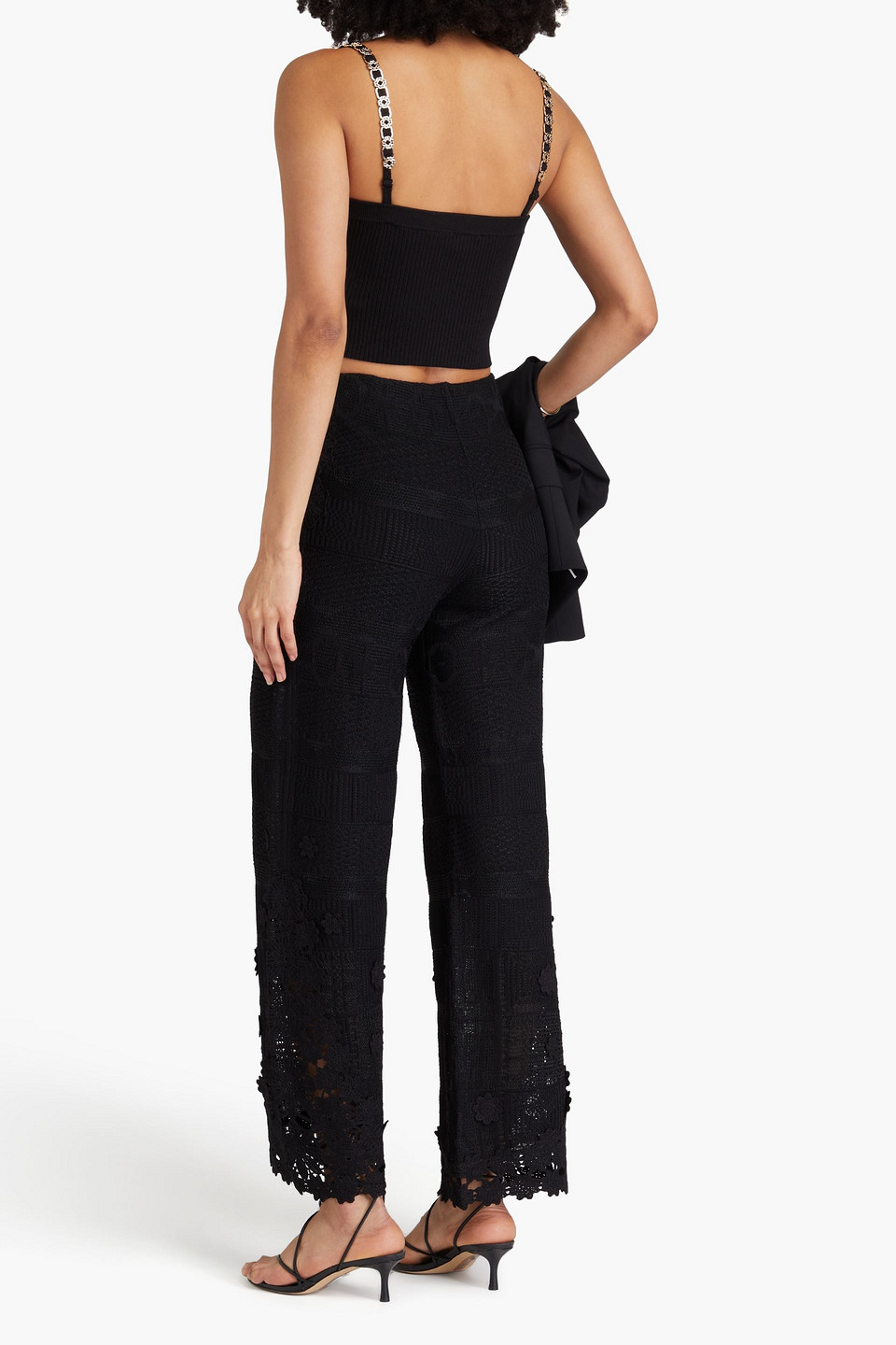 Maje Crocheted Lace-paneled Jacquard-knit Wide-leg Pants In Schwarz