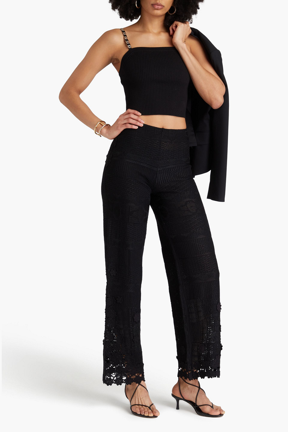 Maje Crocheted Lace-paneled Jacquard-knit Wide-leg Pants In Schwarz