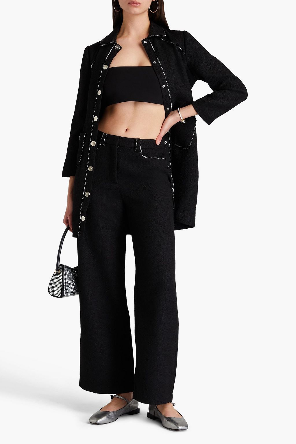 MAJE Chain-embellished tweed wide-leg pants