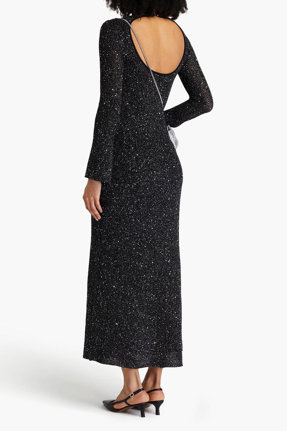 Maje Embellished Metallic Open-knit Maxi Dress In Black