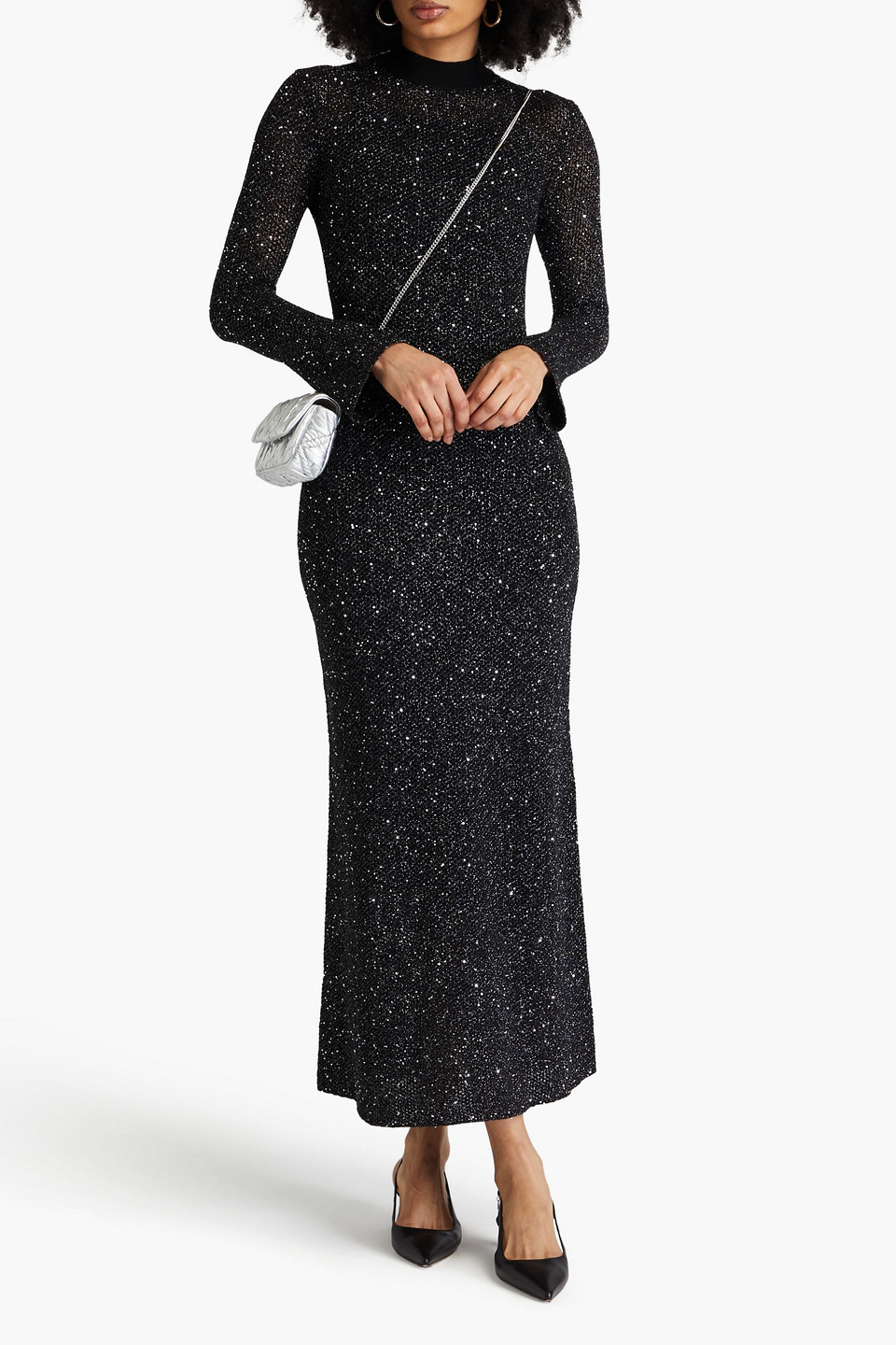 Maje Embellished Metallic Open-knit Maxi Dress In Black
