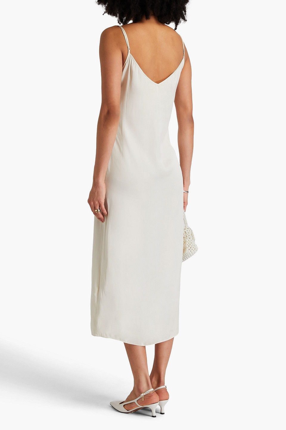 MAJE LACE-TRIMMED SATIN MIDI SLIP DRESS