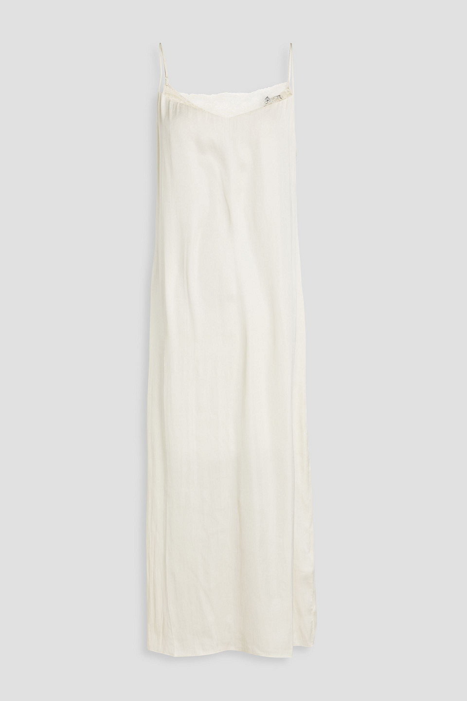 MAJE LACE-TRIMMED SATIN MIDI SLIP DRESS