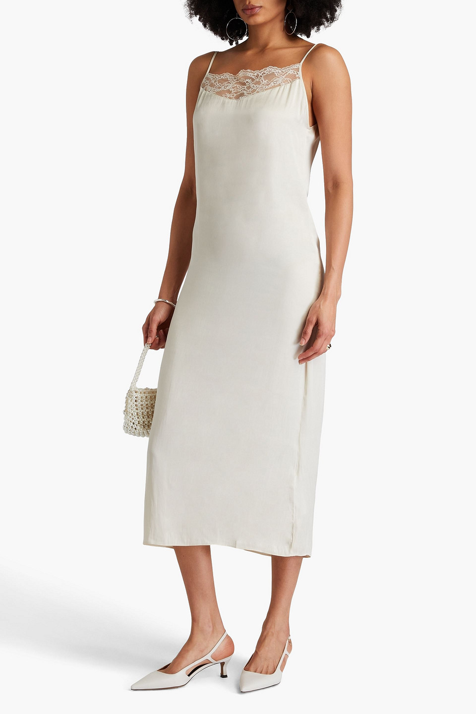 MAJE LACE-TRIMMED SATIN MIDI SLIP DRESS