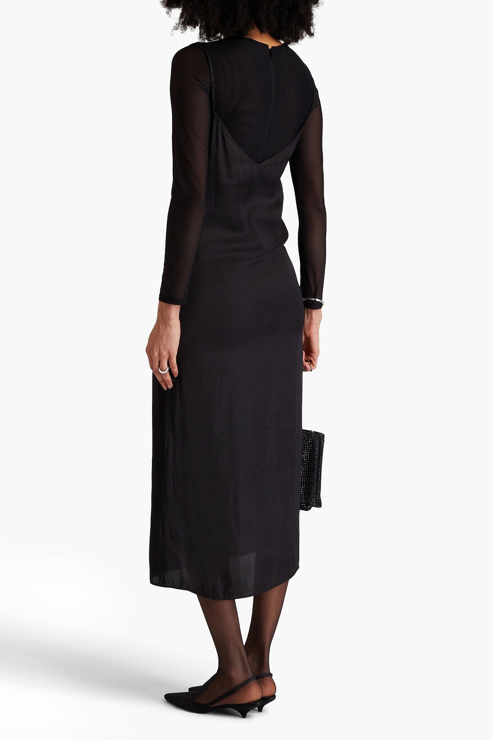 MAJE LACE-TRIMMED SATIN MIDI SLIP DRESS