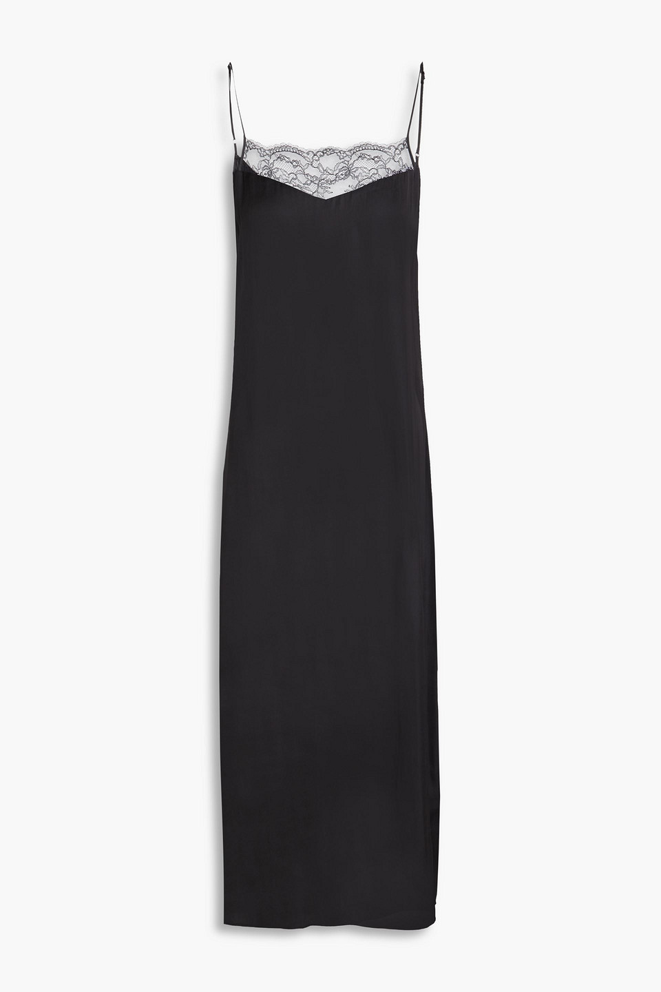 MAJE LACE-TRIMMED SATIN MIDI SLIP DRESS