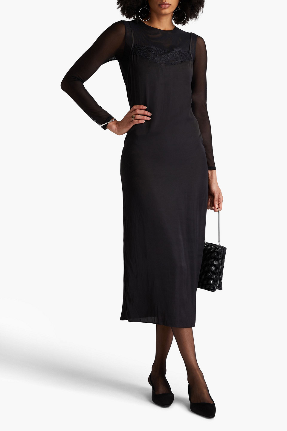 MAJE LACE-TRIMMED SATIN MIDI SLIP DRESS