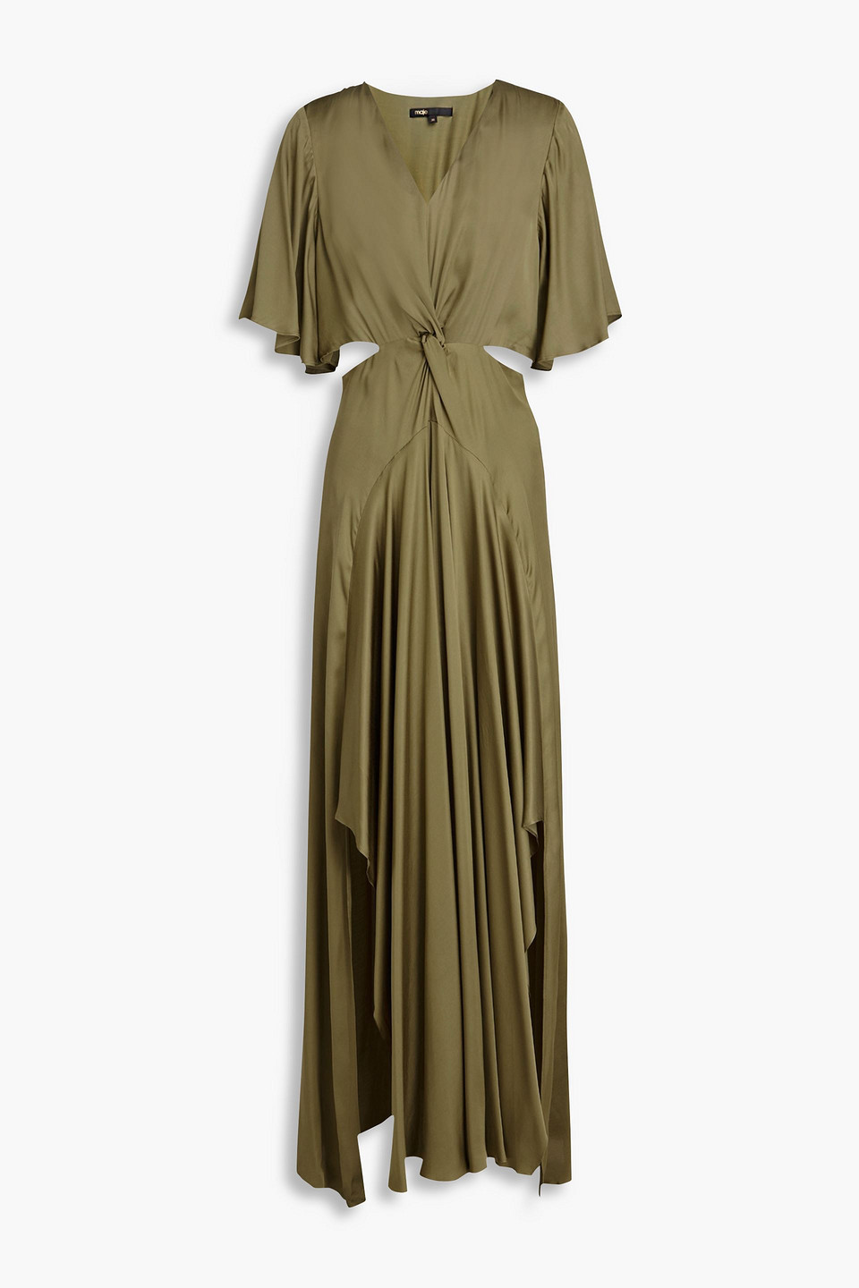 Maje Twisted Cutout Satin Maxi Dress In Military-grün
