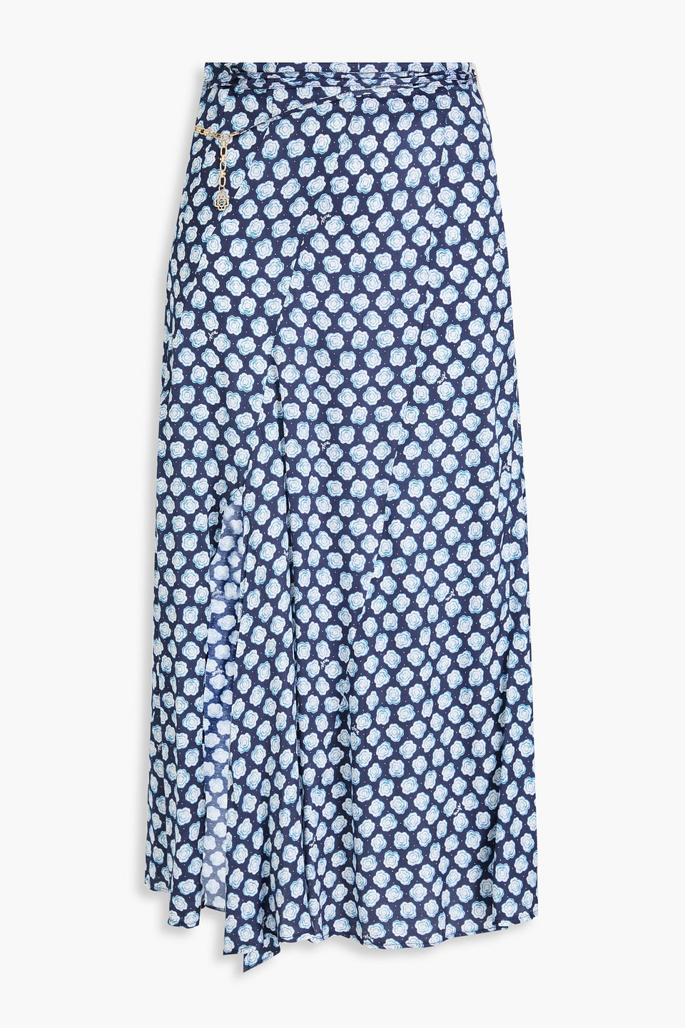 Maje Printed Satin Midi Skirt In Marineblau