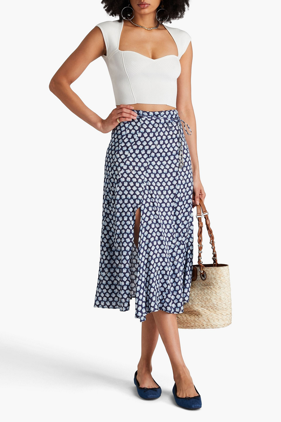 Maje Printed Satin Midi Skirt In Marineblau