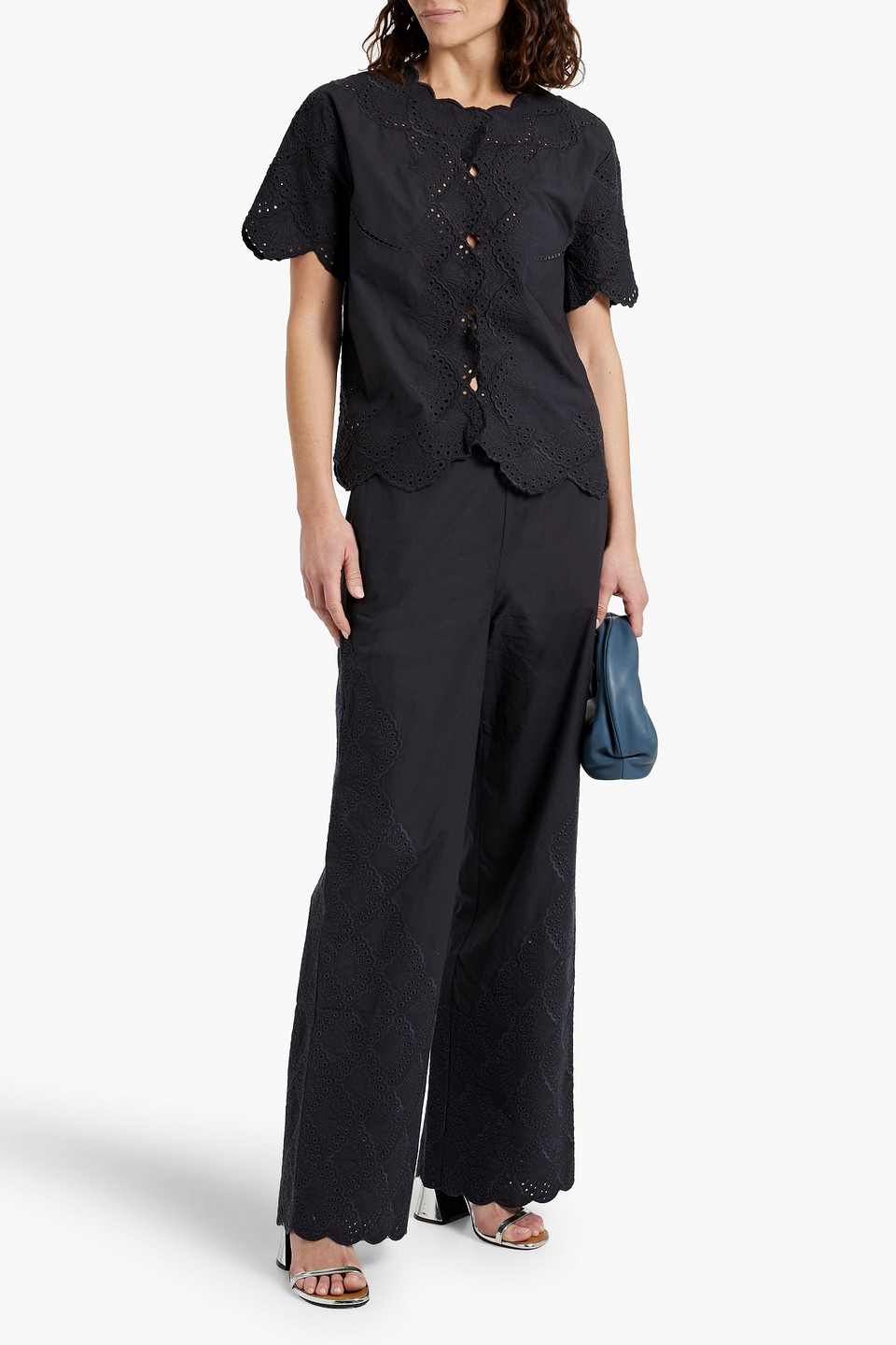 Loulou Studio Dulche Broderie Anglaise Cotton Wide-leg Pants In Black