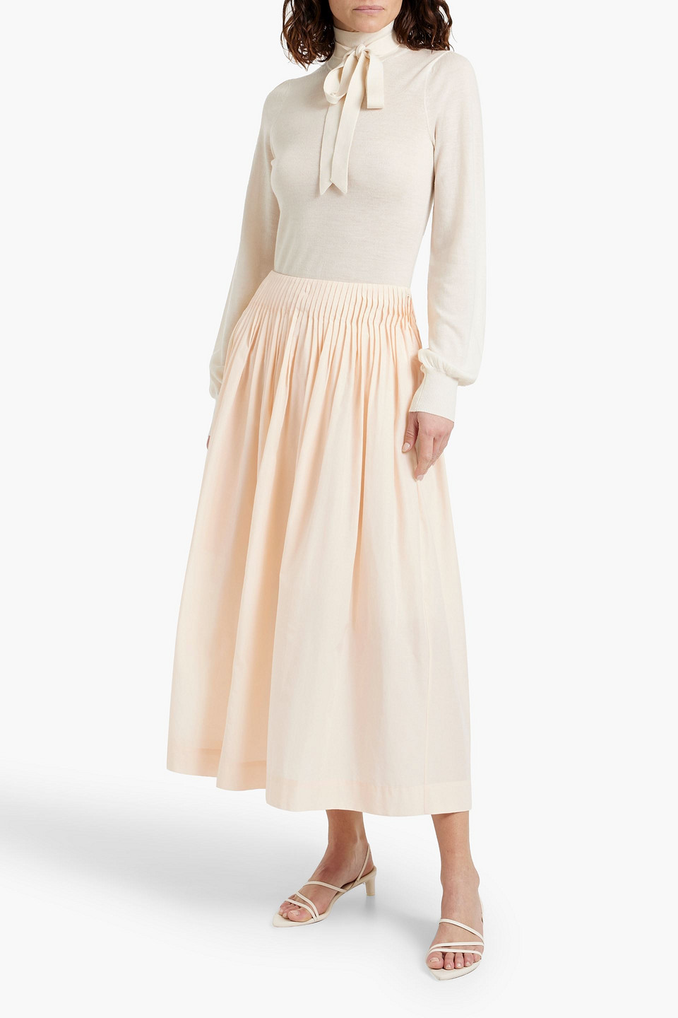 Shop Loulou Studio Artemis Pleated Cotton And Silk-blend Midi Skirt In Blush