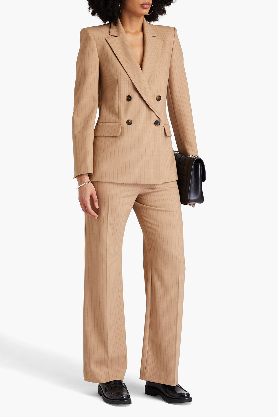 Maje Doppelreihiger Blazer Aus Twill Aus Einer Wollmischung Mit Nadelstreifen In Sandfarben