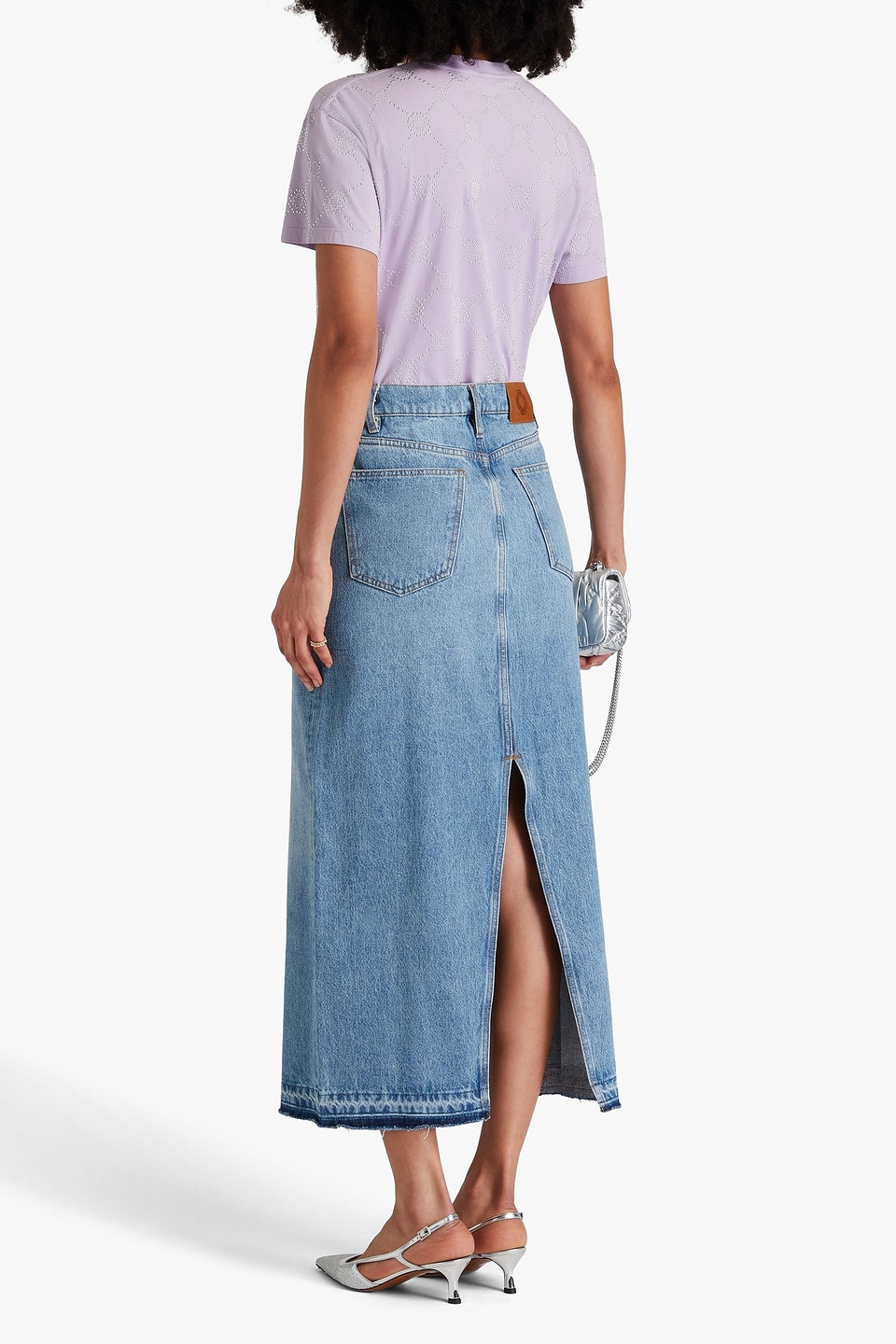 Maje Chain-embellished Denim Maxi Skirt In Dunkelblauer Denim