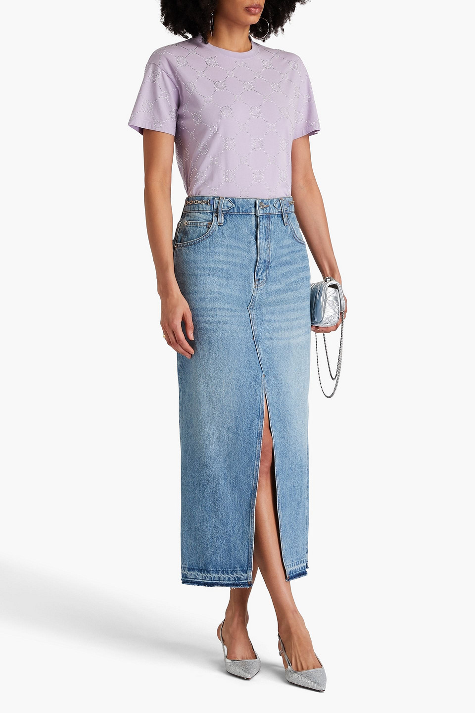 Maje Chain-embellished Denim Maxi Skirt In Dunkelblauer Denim