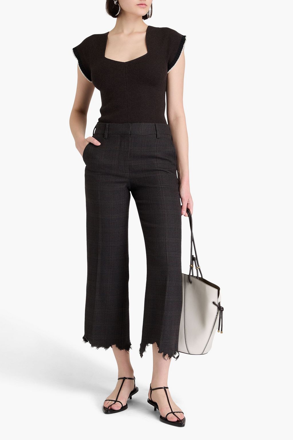 JW ANDERSON Cropped distressed checked wool-tweed straight-leg pants