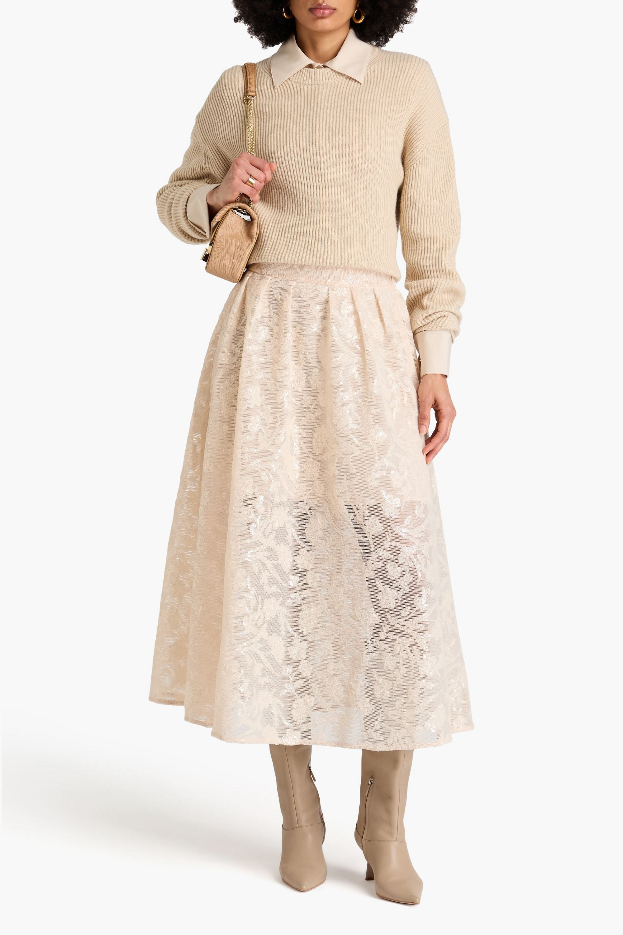 MAJE Sequined mesh midi skirt