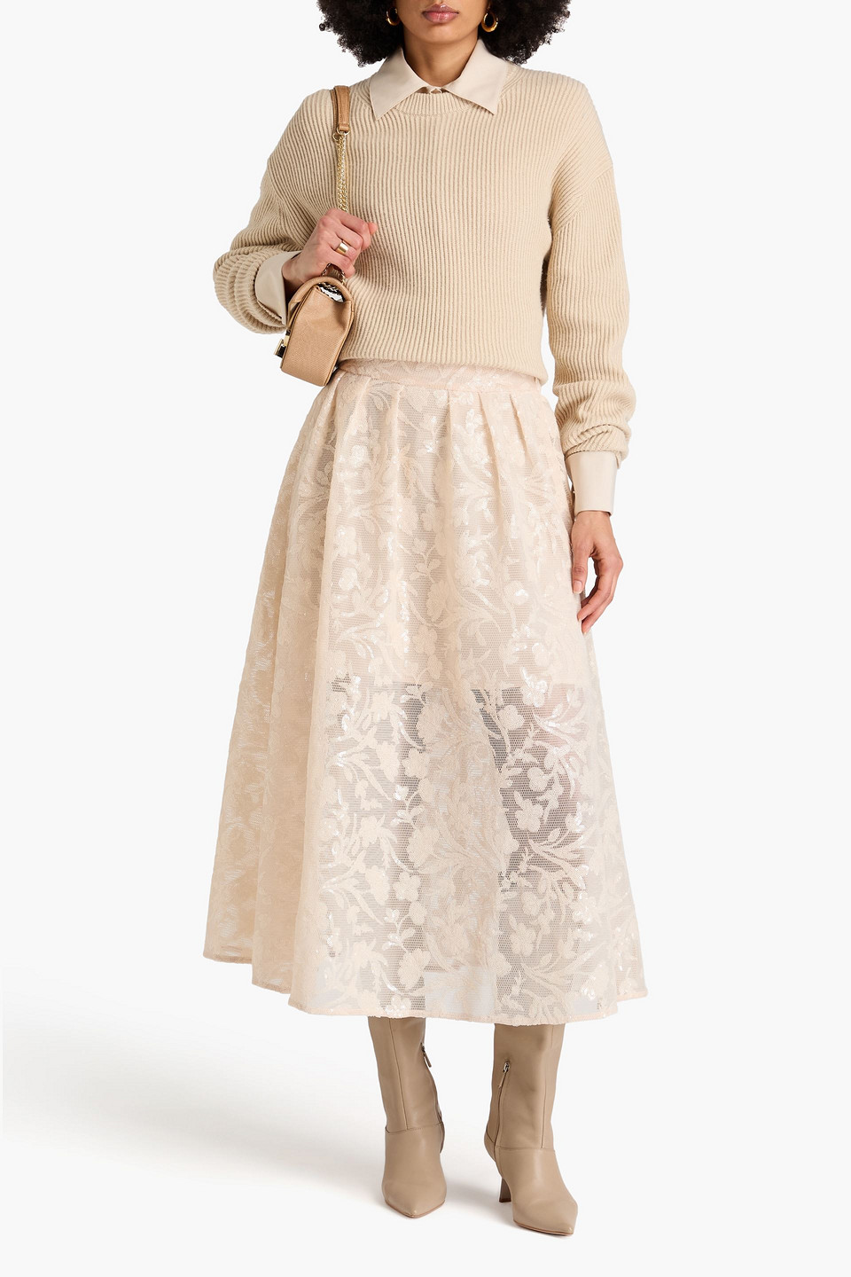Maje Sequined Mesh Midi Skirt In Beige