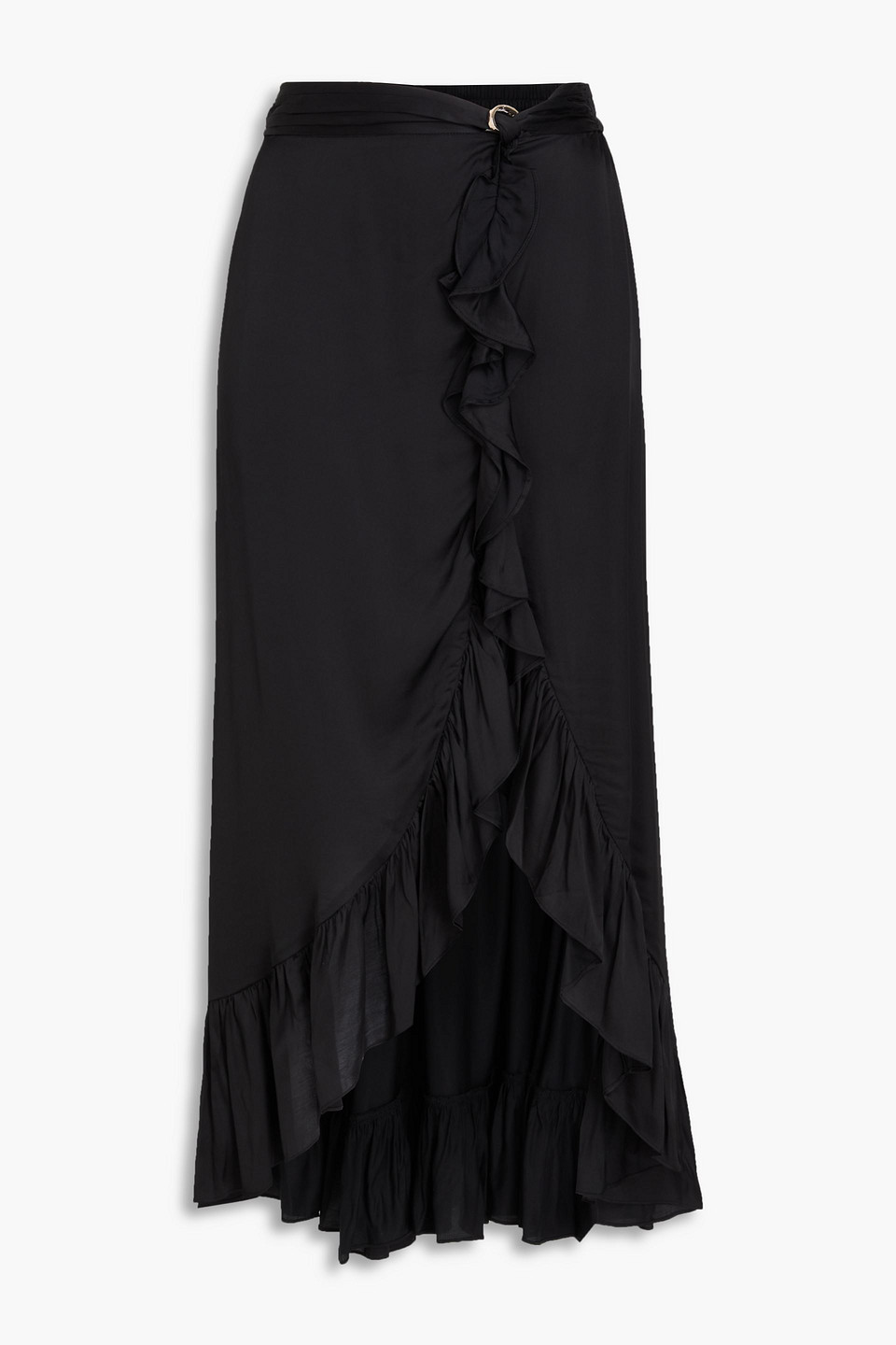 Maje Ruffled Satin Midi Skirt In Schwarz