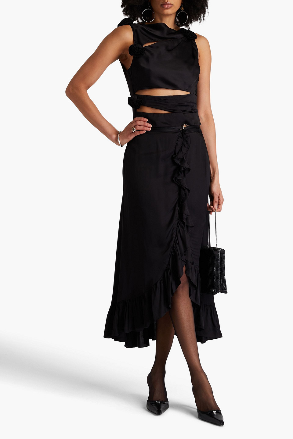Maje Ruffled Satin Midi Skirt In Schwarz