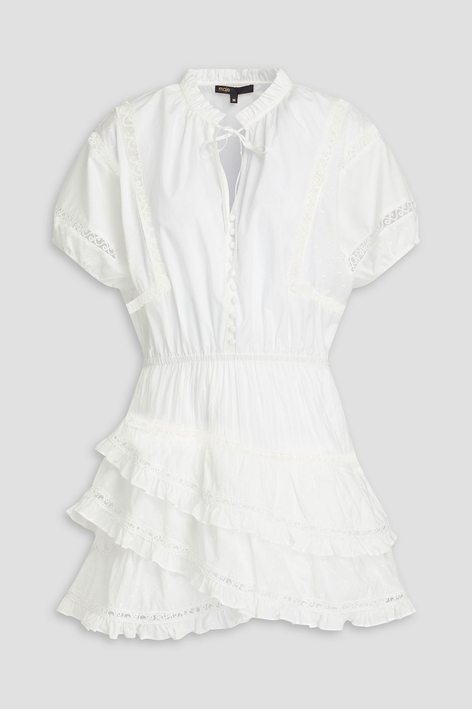 Ruffled guipure lace-trimmed cotton and Swiss-dot mini dress