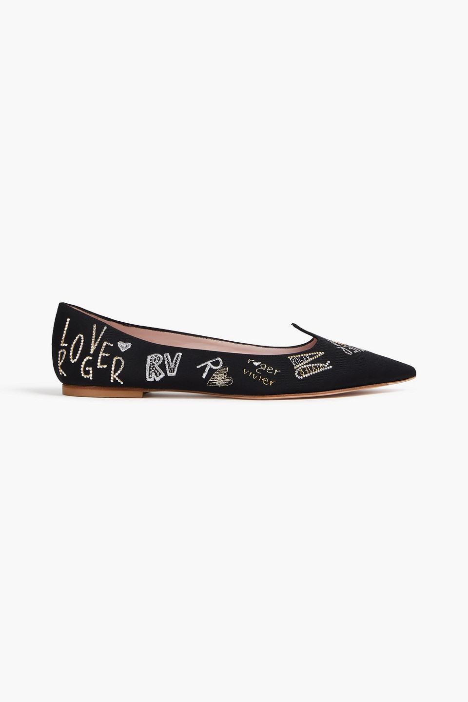 Roger Vivier Flache Schuhe Mit Spitzer Kappe Aus Metallic-faille Mit Kristallverzierung In Black