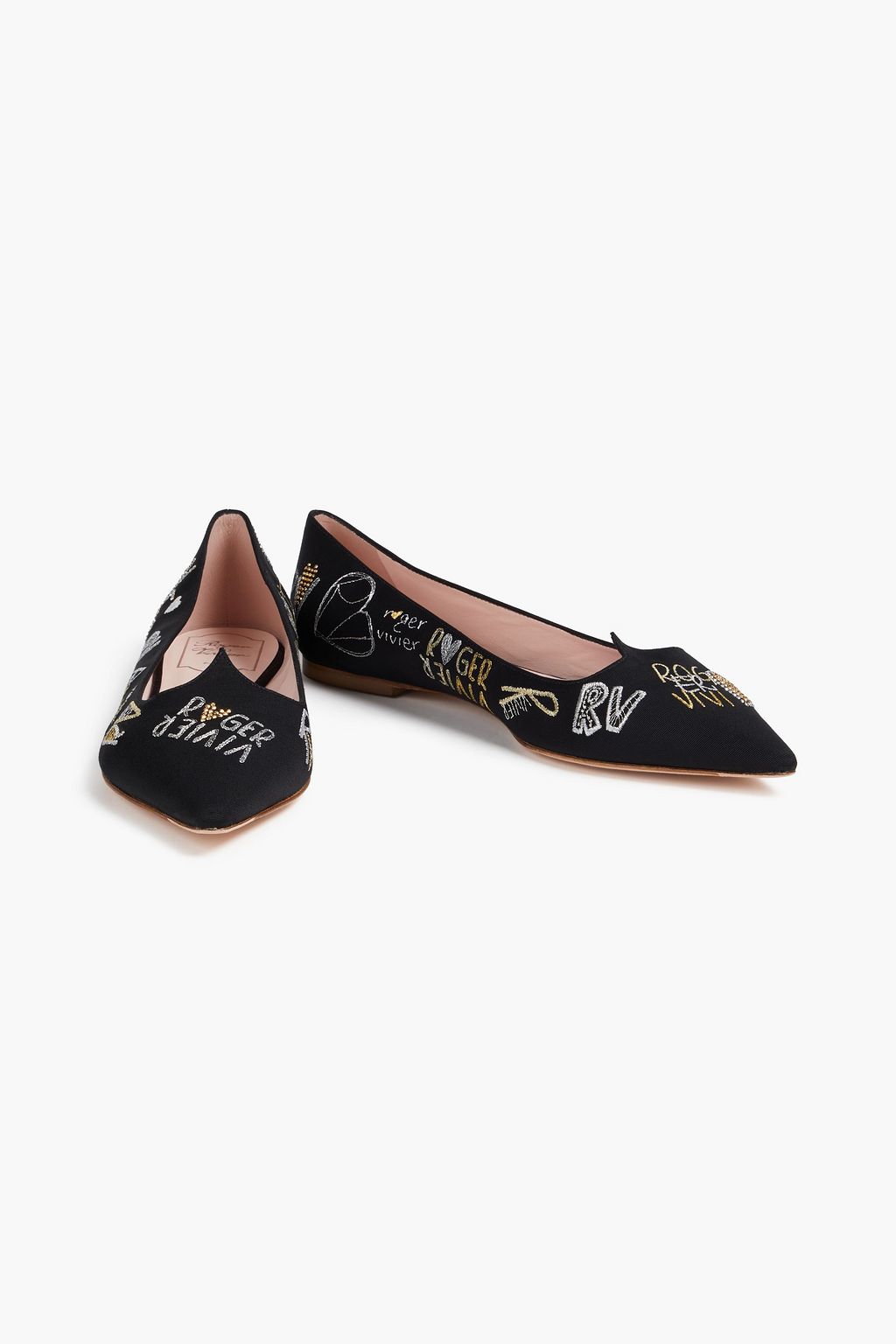 ROGER VIVIER Crystal-emellished metallic faille point-toe flats