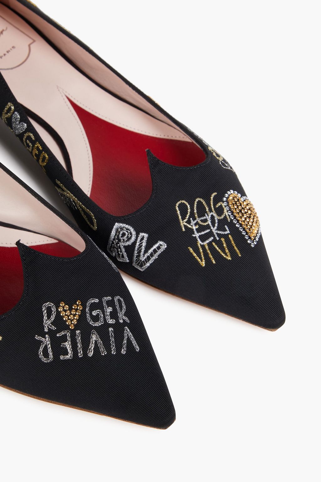 ROGER VIVIER Crystal-emellished metallic faille point-toe flats