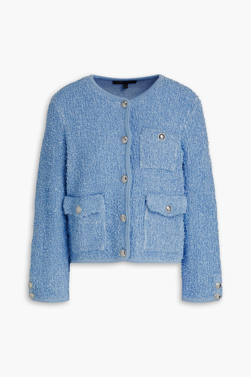 Maje Cardigan Aus Tweed Aus Einer Baumwollmischung Mit Pailletten In Bleu