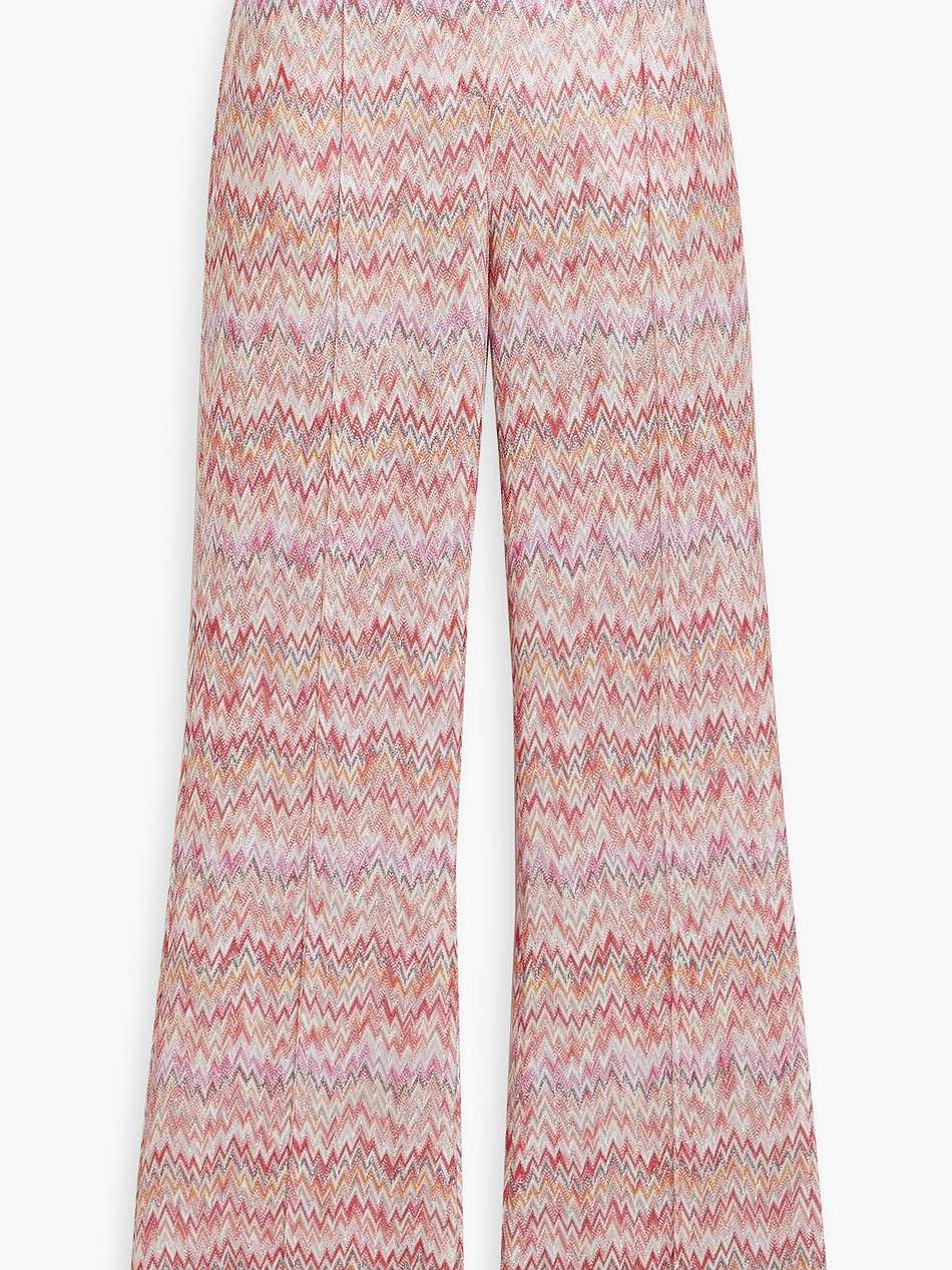 metallic crochet-knit flared pants