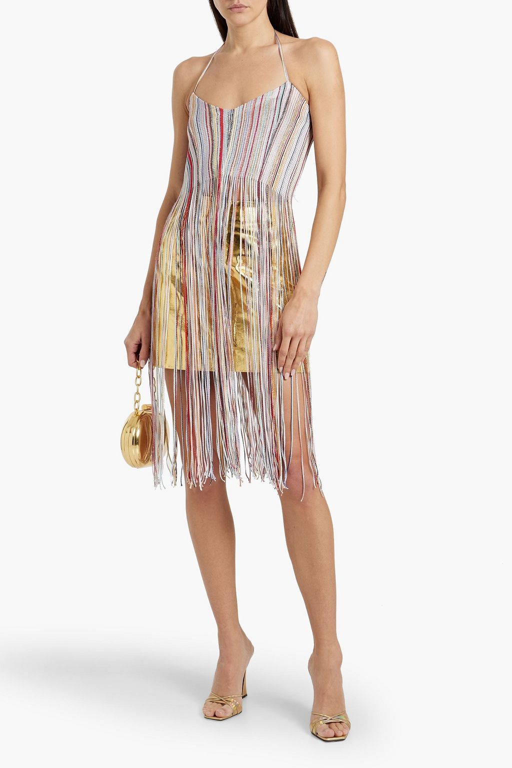 MISSONI Fringed metallic striped crochet-knit halterneck top