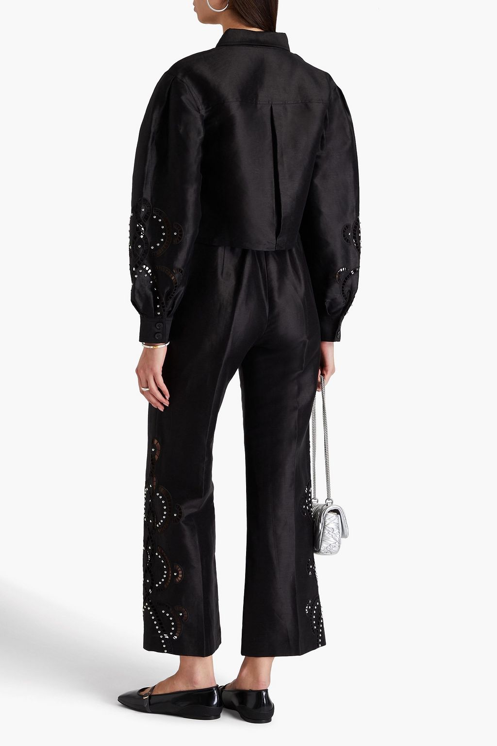 MAJE Cropped studded linen-blend shirt