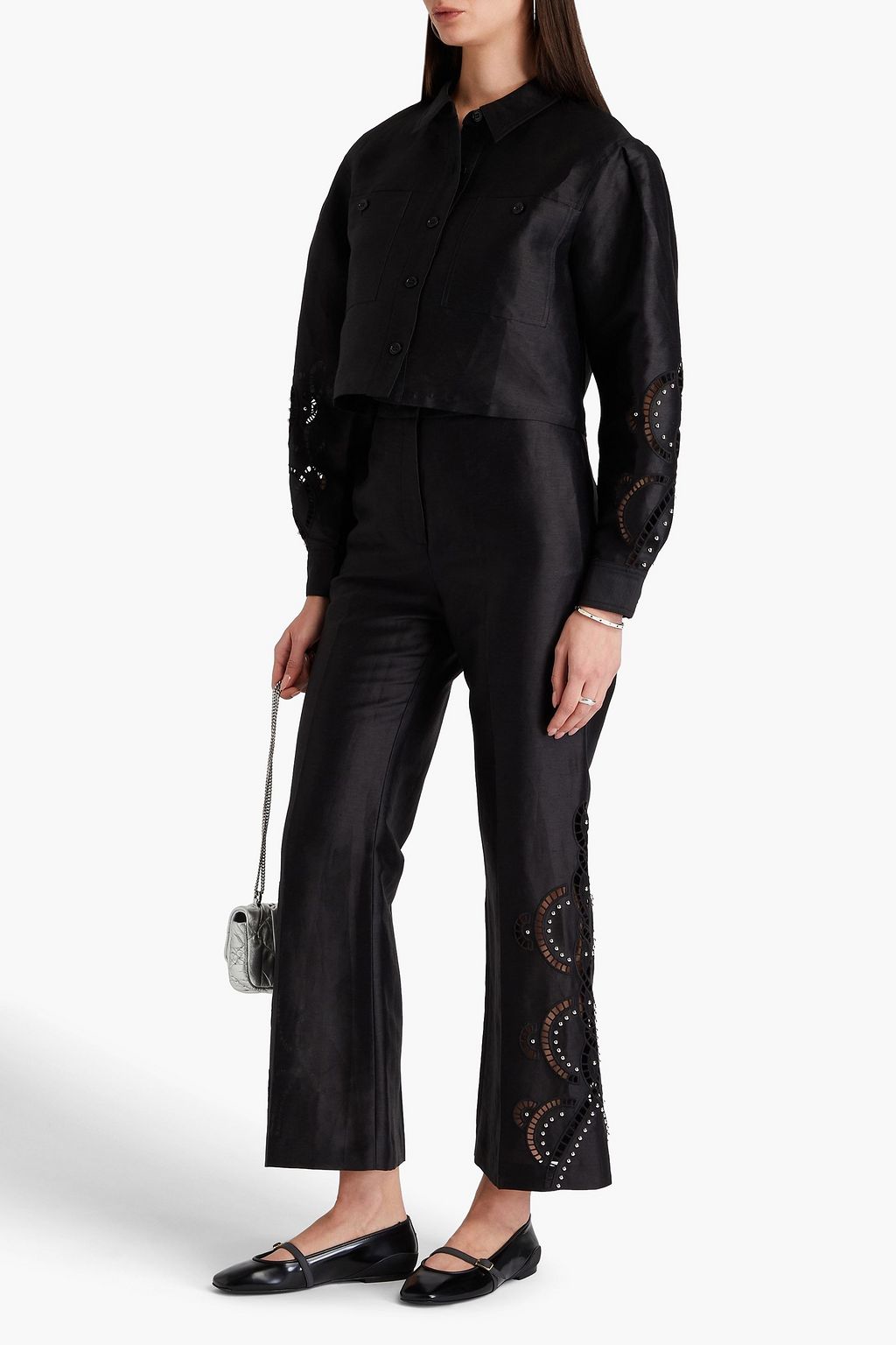 MAJE Cropped studded linen-blend shirt
