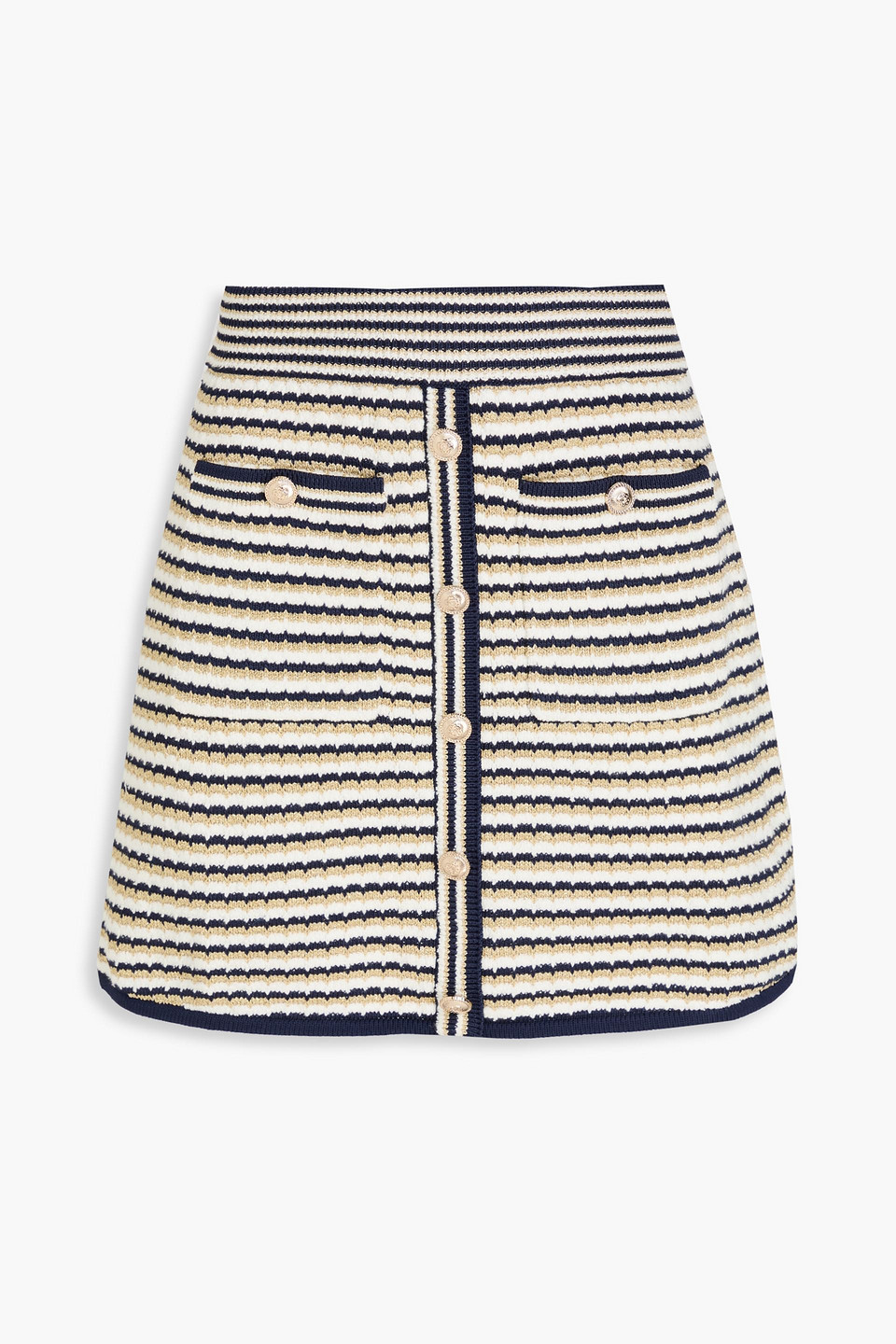Maje Metallic Striped Knitted Mini Skirt In Marineblau