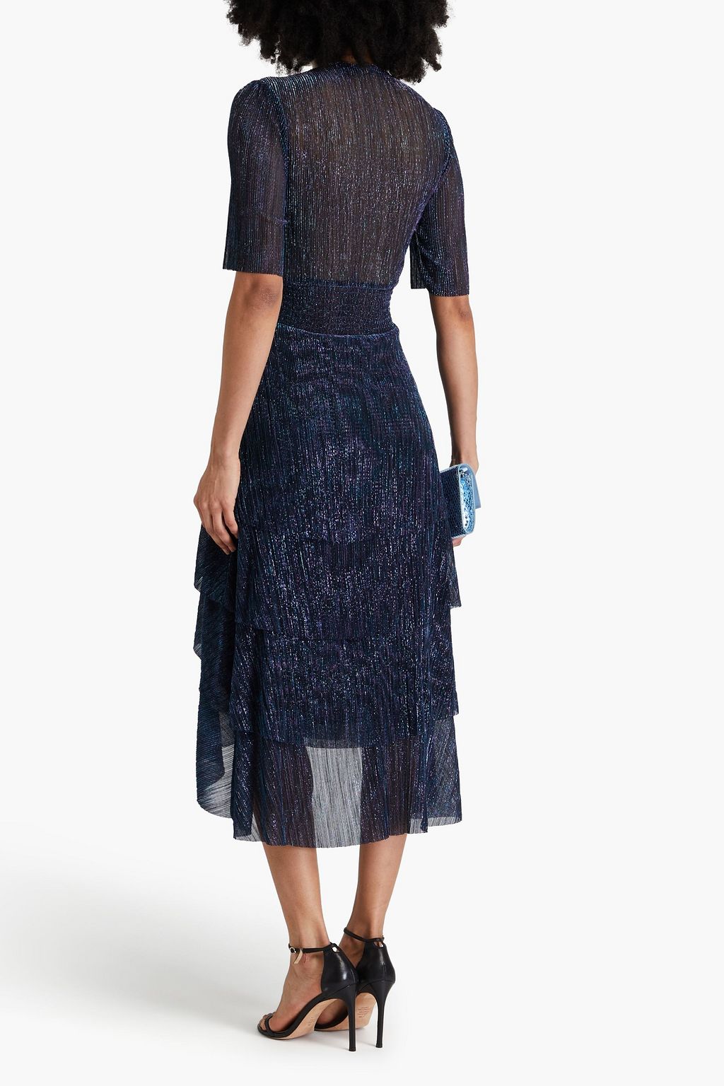 MAJE Embellished tiered metallic plissé-tulle midi dress