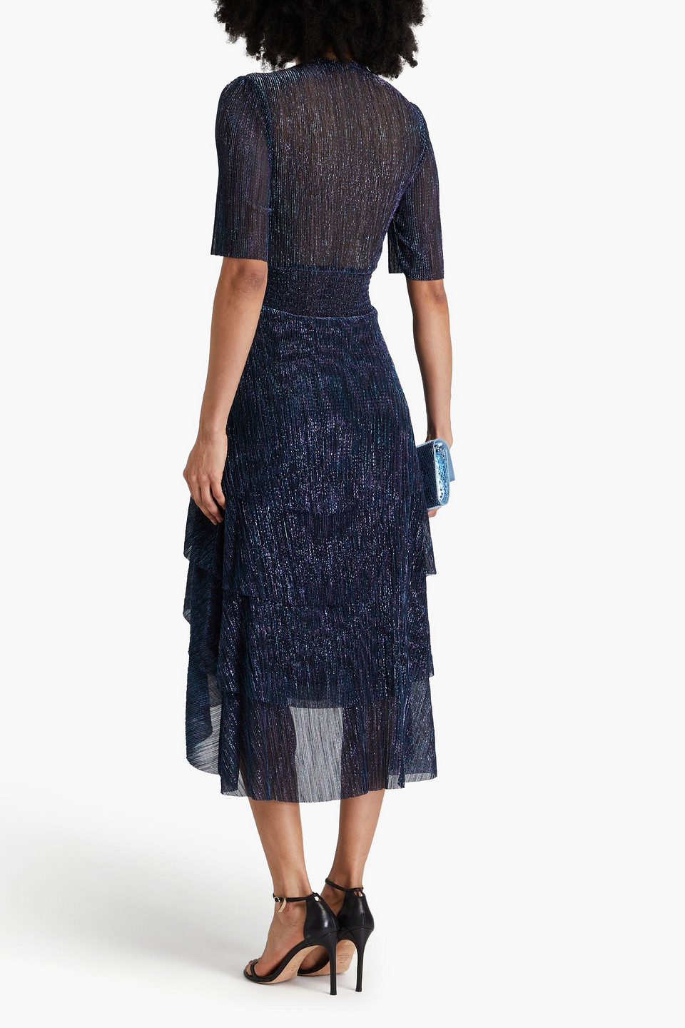 Maje Embellished Tiered Metallic Plissé-tulle Midi Dress In Indigo