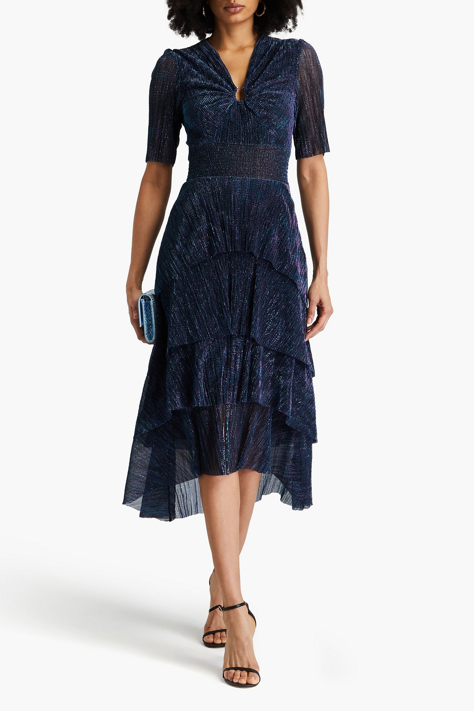 Maje Embellished Tiered Metallic Plissé-tulle Midi Dress In Indigo