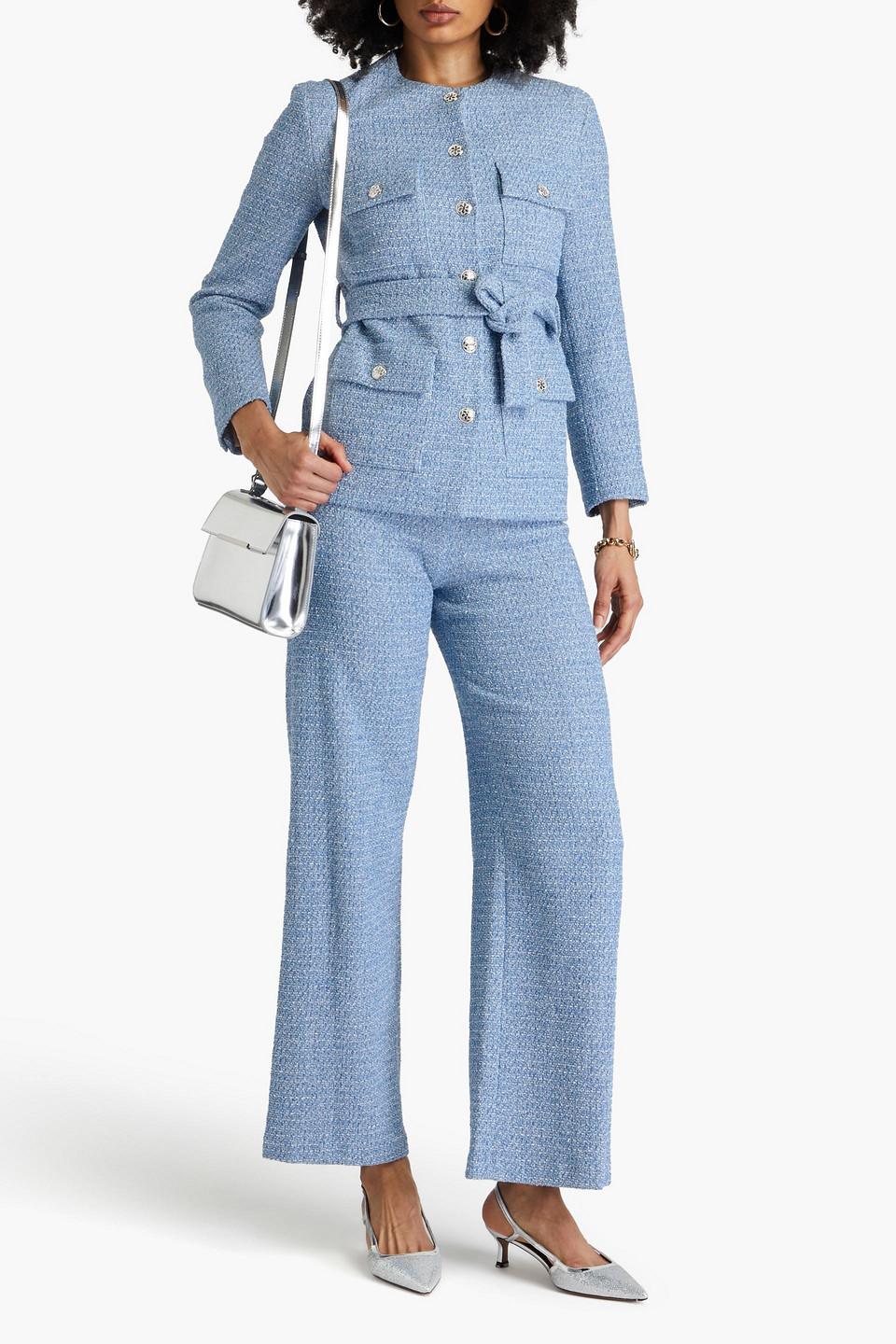 Maje Metallic Cotton-blend Bouclé-tweed Jacket In Bleu