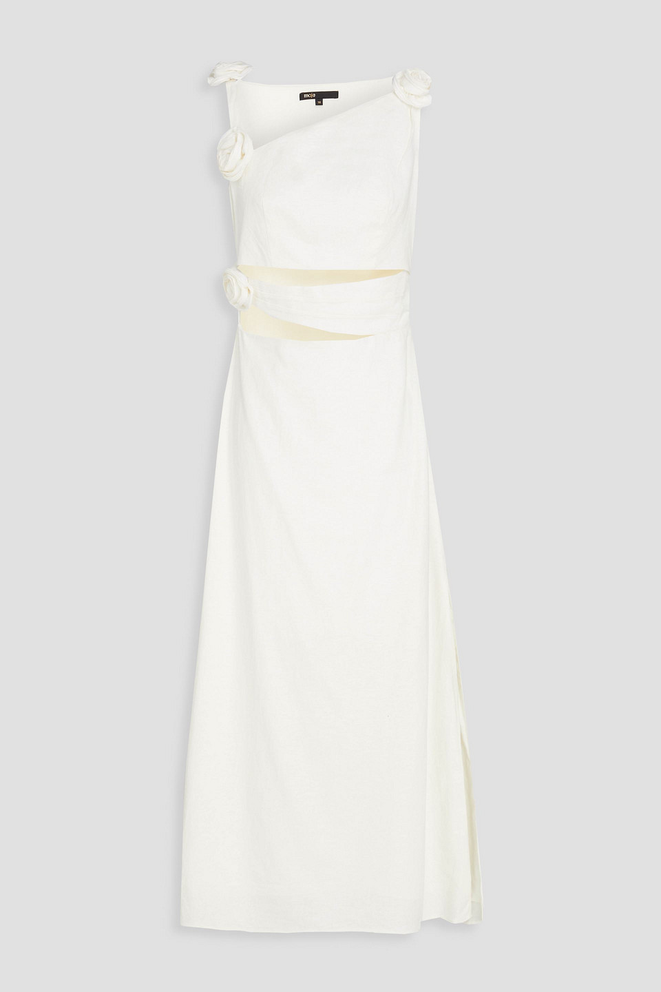 Floral-appliquéd cutout linen-blend midi dress