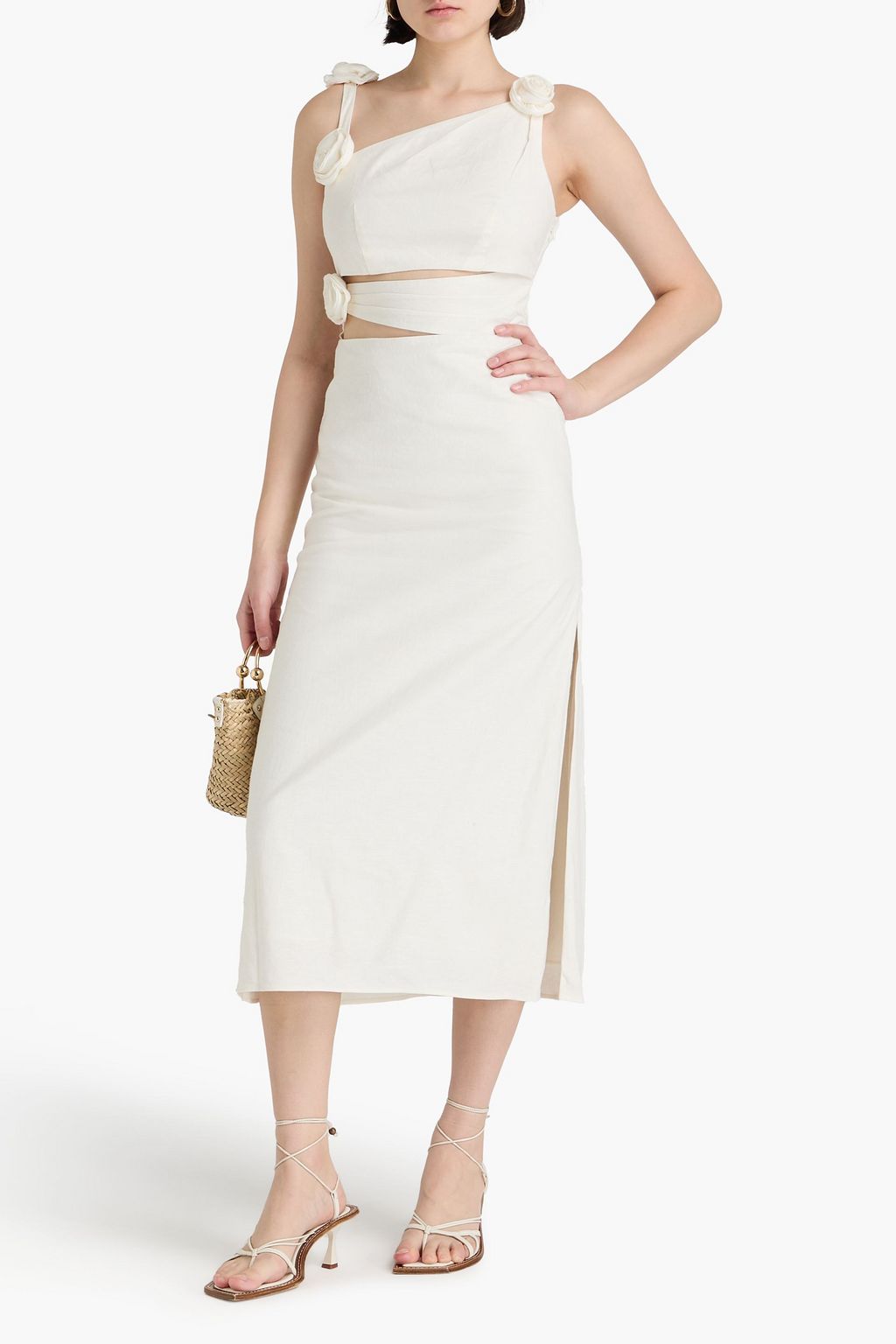 MAJE Midikleid aus einer Leinenmischung mit Cut-outs und floralen Applikationen