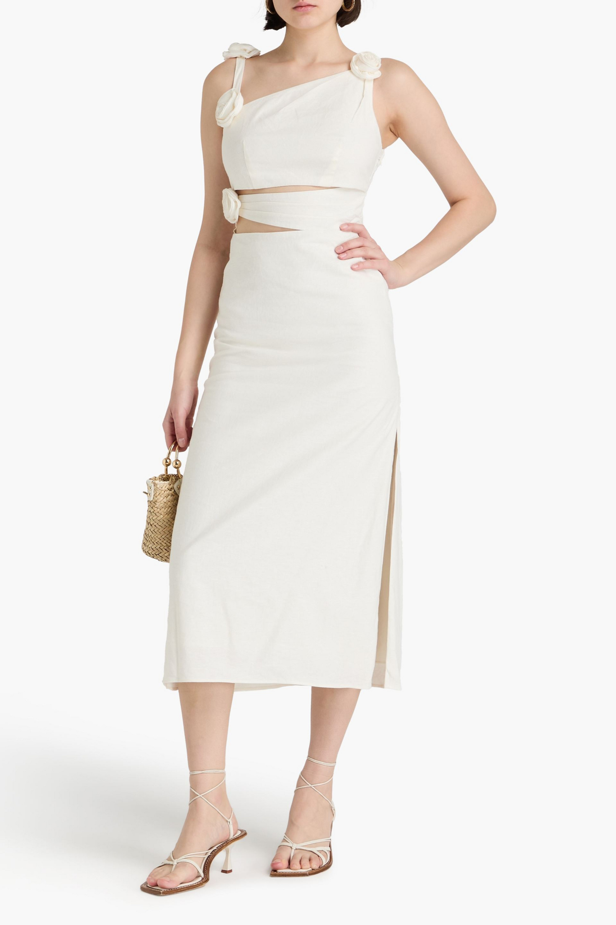 MAJE - Floral-appliqud cutout linen-blend midi dress | Plush