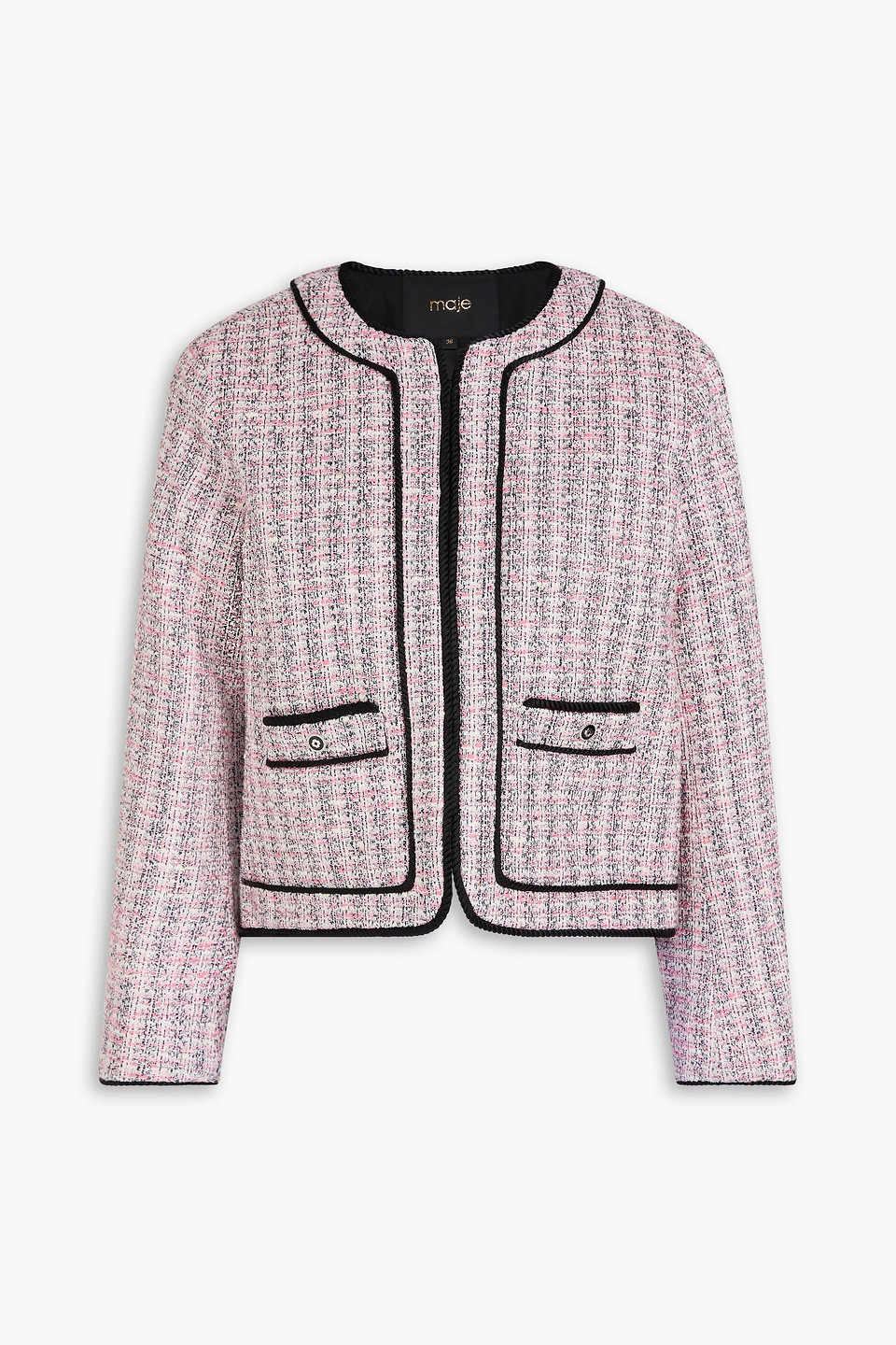 Maje Vatri Tweed Tipped Open Front Jacket In Baby-pink