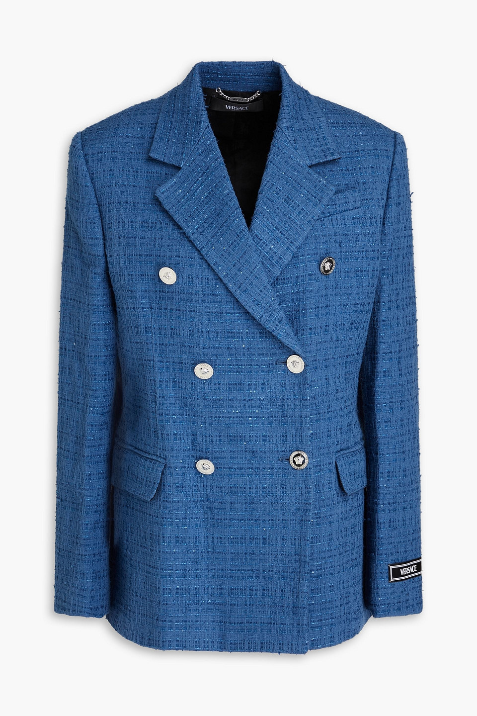 Versace Doppelreihiger Blazer Aus Tweed Aus Einer Baumwollmischung In Metallic-optik In Blau
