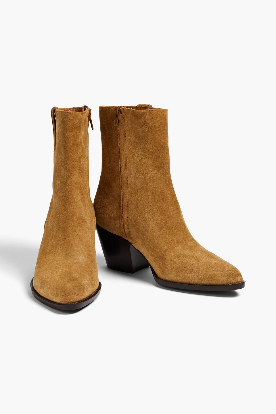 Maje Forwest Suede Heeled Ankle Boots In Camel