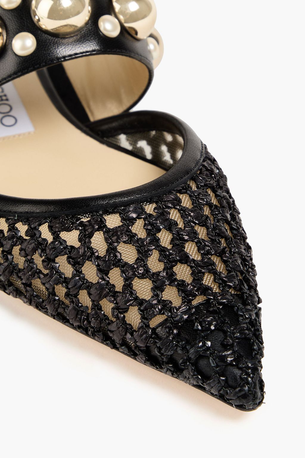 JIMMY CHOO Verzierte Slippers aus Leder und Raffiabast