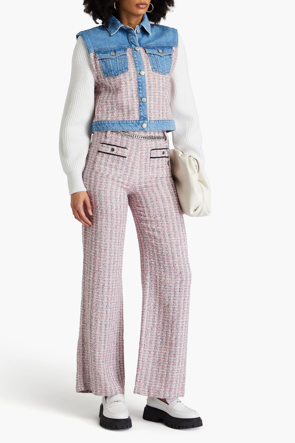 MAJE Metallic tweed-paneled denim jacket