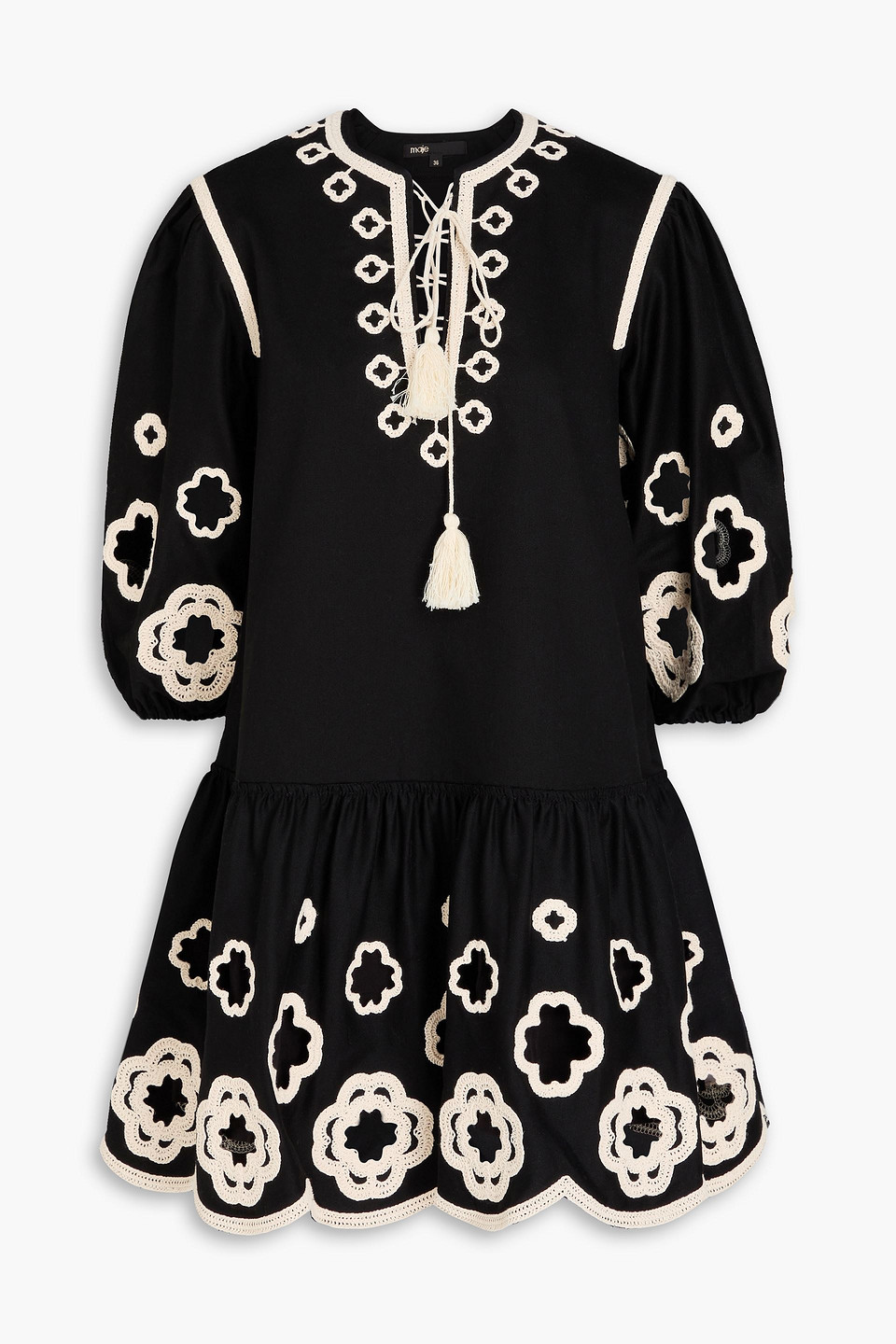 Crochet-trimmed cotton-twill mini dress