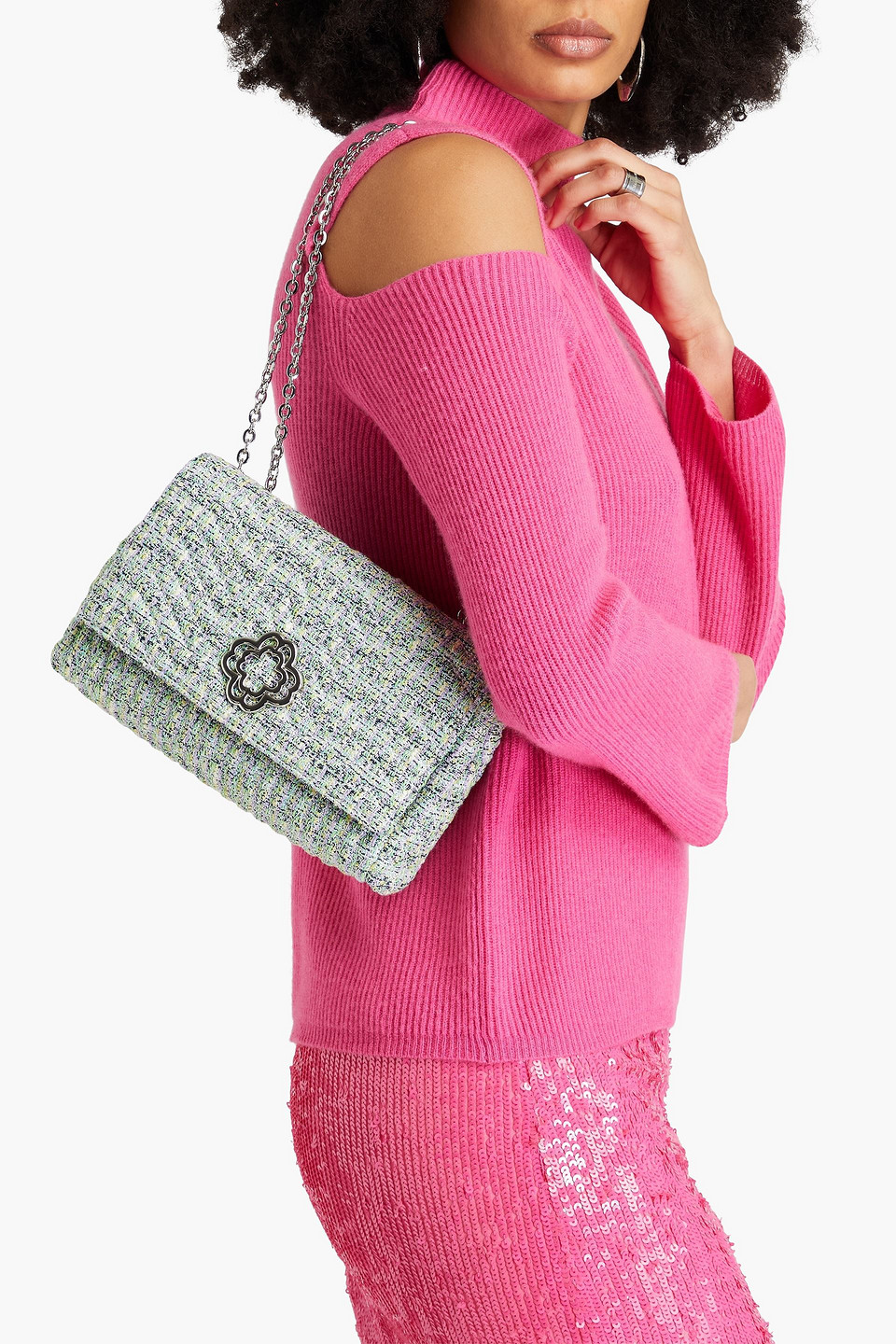 MAJE METALLIC TWEED SHOULDER BAG